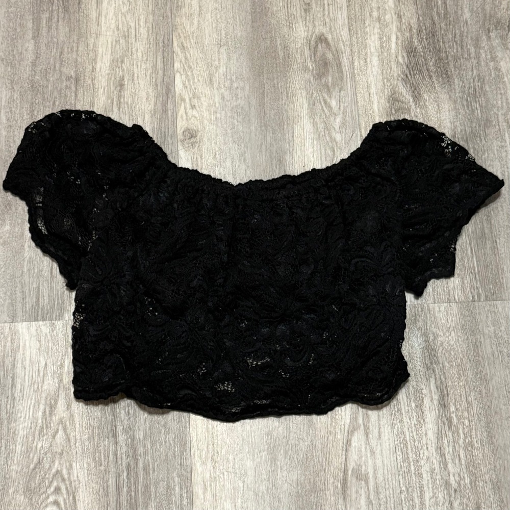 Black Lace Crop Top Off Shoulder‎ Short Sleeve Elegant Party Top